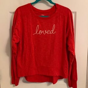 Dropped-shoulder Long-sleeve Secret Treasures Red Sleep Shirt, “Loved”